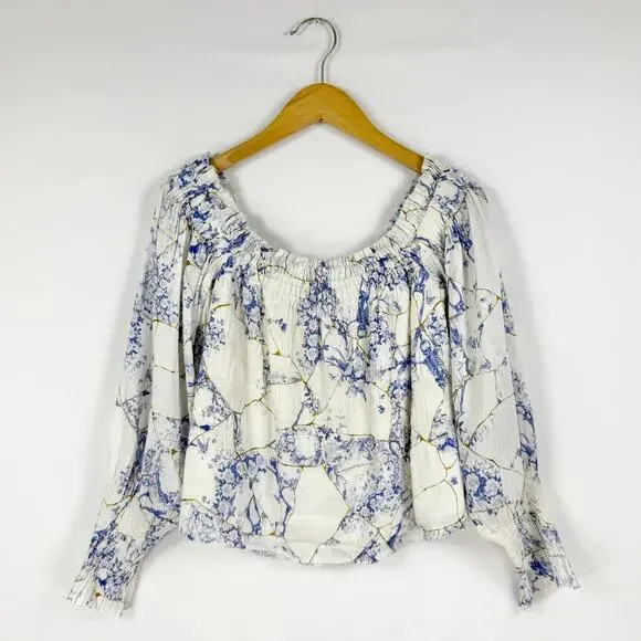 All Saints Women’s Lara Off The Shoulder Smocked Top Size 8 White Linen Silk - Picture 2 of 13